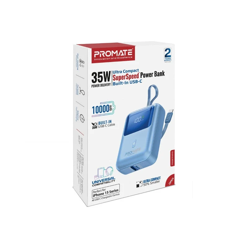 Promate Powerpod-10 10000mAh Ultra Compact 35W Superspeed Power Bank With Built-In USB-C Cable (Black, Blue, White)