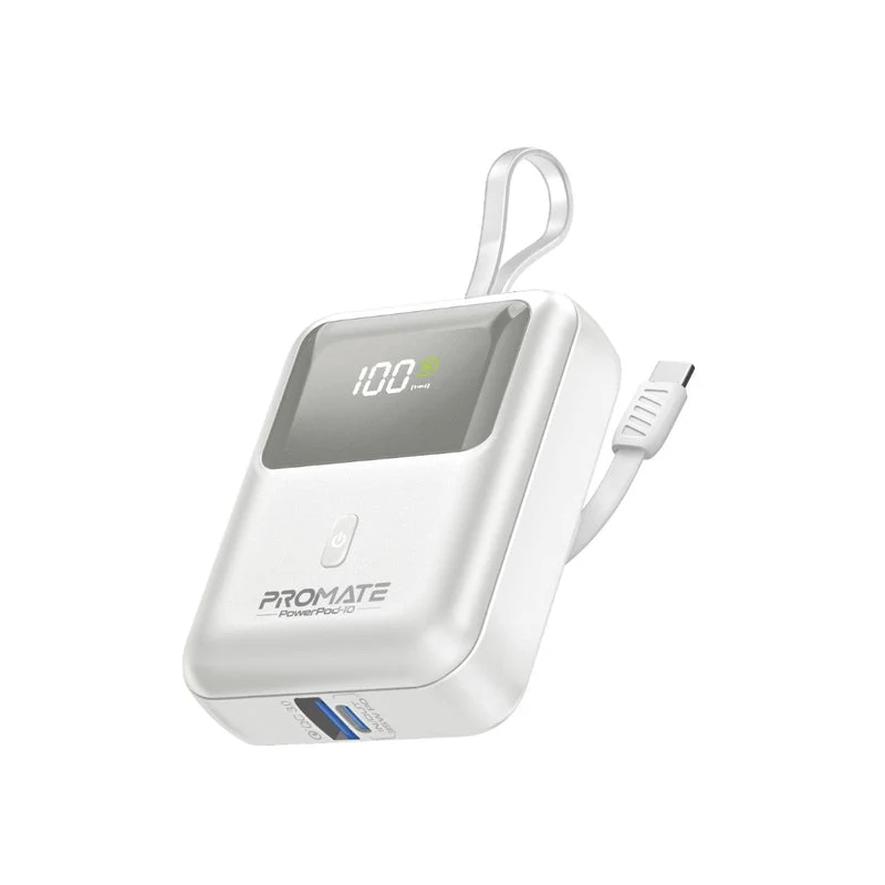 Promate Powerpod-10 10000mAh Ultra Compact 35W Superspeed Power Bank With Built-In USB-C Cable (Black, Blue, White)