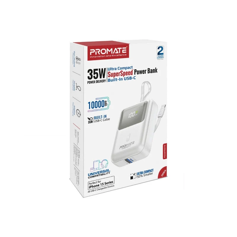 Promate Powerpod-10 10000mAh Ultra Compact 35W Superspeed Power Bank With Built-In USB-C Cable (Black, Blue, White)