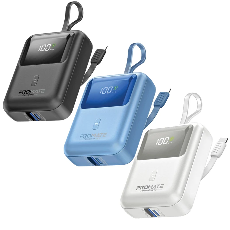 Promate Powerpod-10 10000mAh Ultra Compact 35W Superspeed Power Bank With Built-In USB-C Cable (Black, Blue, White)