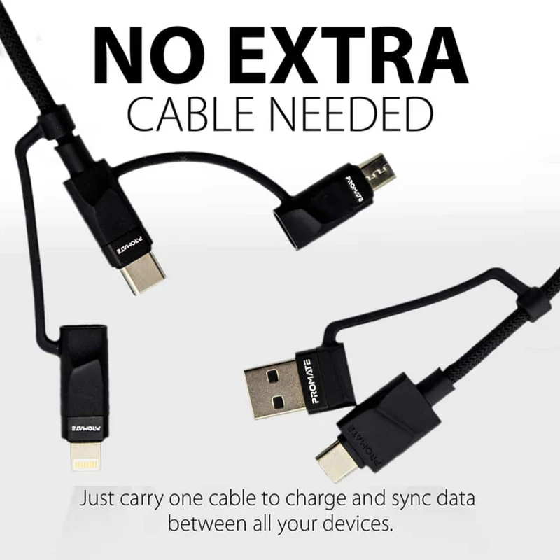 Promate Pentapower 6-IN-1 Hybrid Multi-Connector Cable For Charging And Data Transfer Black