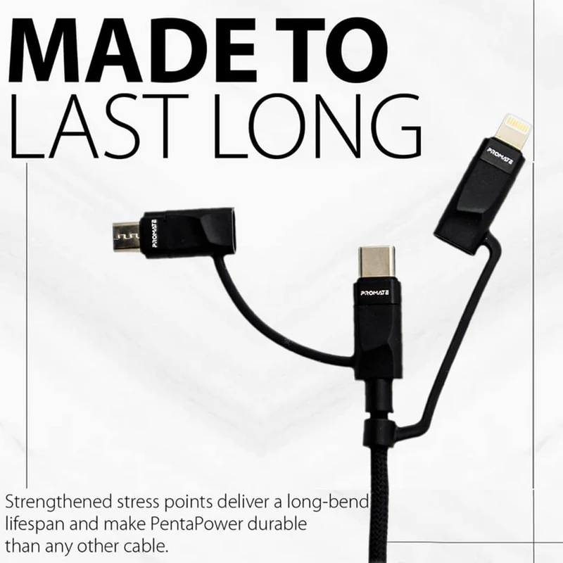 Promate Pentapower 6-IN-1 Hybrid Multi-Connector Cable For Charging And Data Transfer Black
