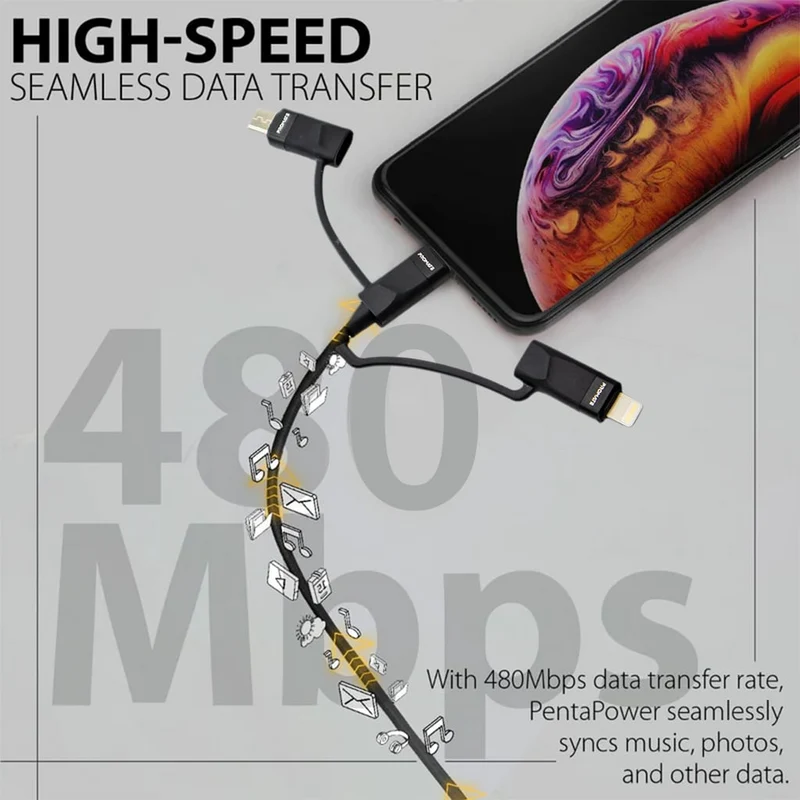 Promate Pentapower 6-IN-1 Hybrid Multi-Connector Cable For Charging And Data Transfer Black