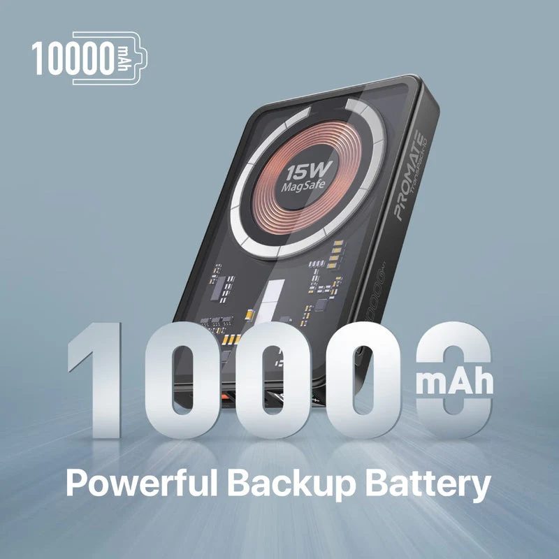 Promate Transpack-10 10000MAH Transparent Super Charge Magsafe 15W Wireless Charging Power Bank (Black, Blue)