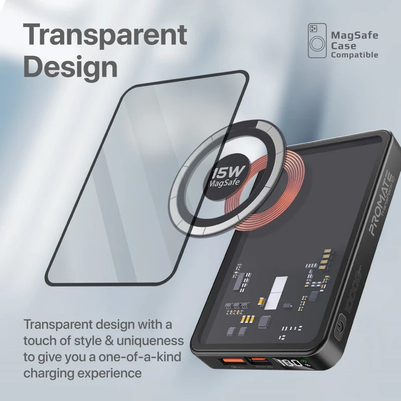 Promate Transpack-10 10000MAH Transparent Super Charge Magsafe 15W Wireless Charging Power Bank (Black, Blue)