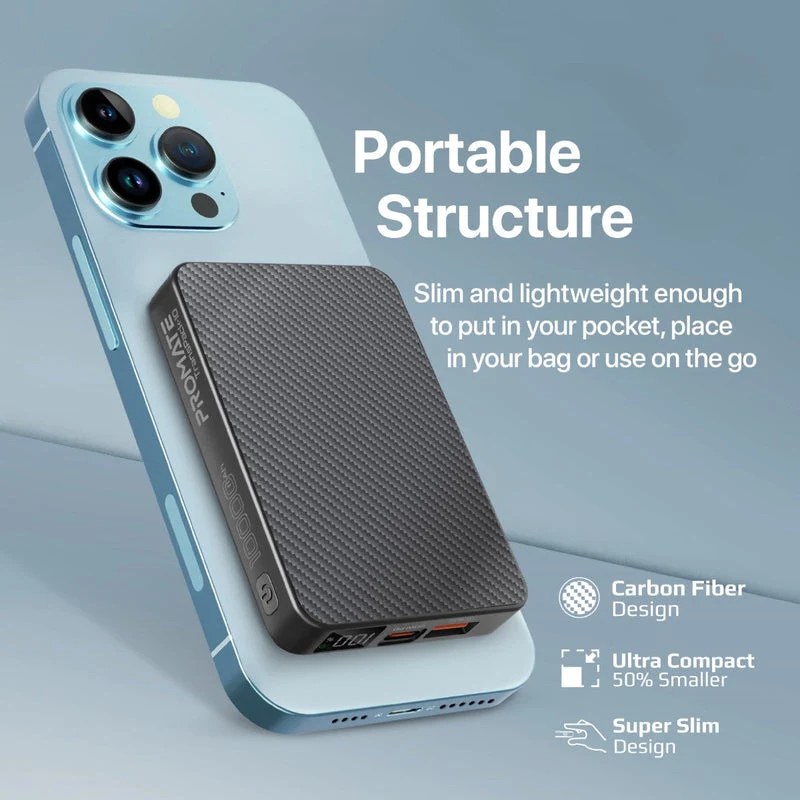 Promate Transpack-10 10000MAH Transparent Super Charge Magsafe 15W Wireless Charging Power Bank (Black, Blue)