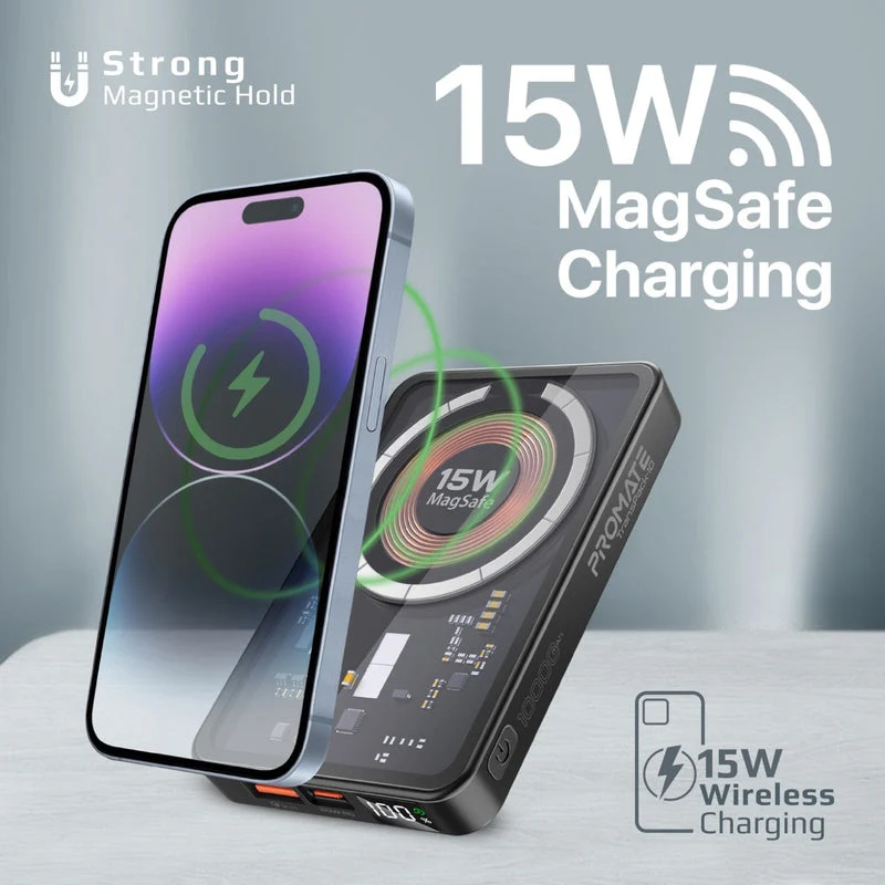 Promate Transpack-10 10000MAH Transparent Super Charge Magsafe 15W Wireless Charging Power Bank (Black, Blue)