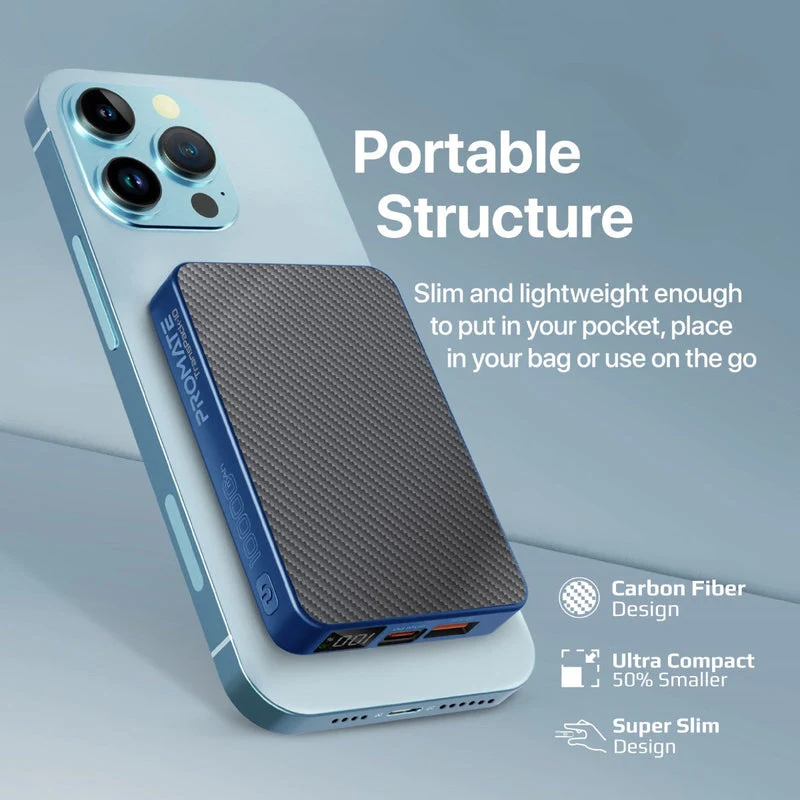 Promate Transpack-10 10000MAH Transparent Super Charge Magsafe 15W Wireless Charging Power Bank (Black, Blue)
