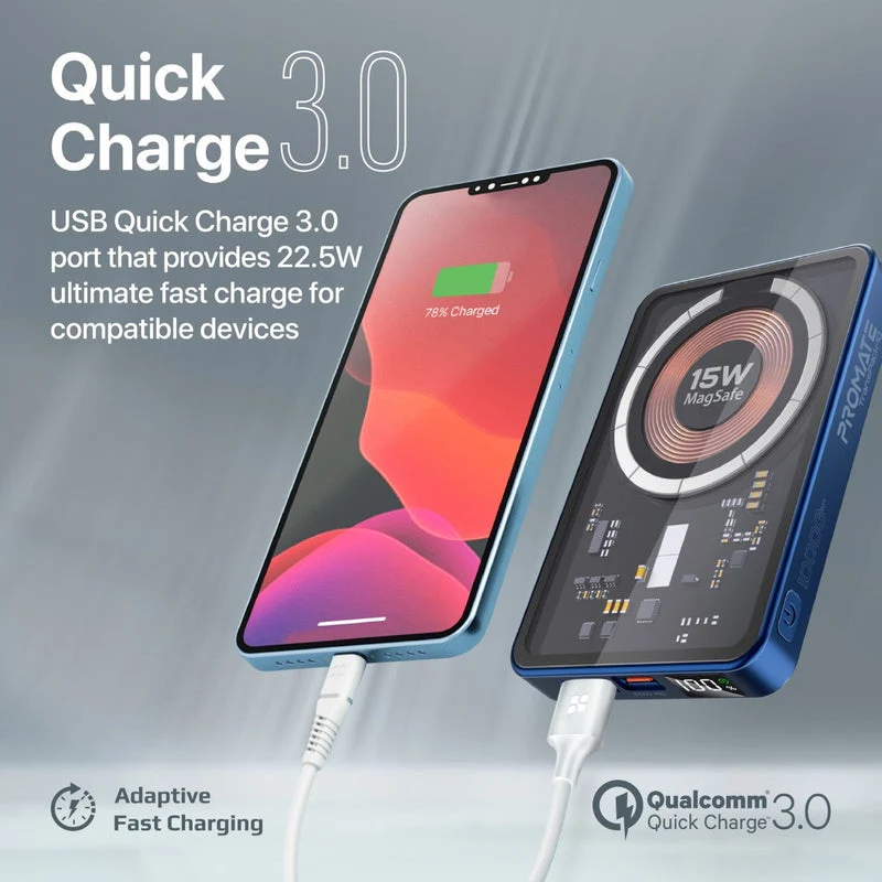 Promate Transpack-10 10000MAH Transparent Super Charge Magsafe 15W Wireless Charging Power Bank (Black, Blue)
