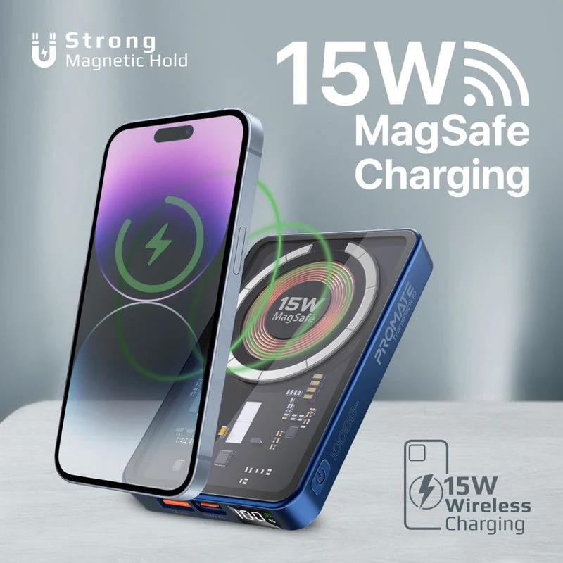 Promate Transpack-10 10000MAH Transparent Super Charge Magsafe 15W Wireless Charging Power Bank (Black, Blue)