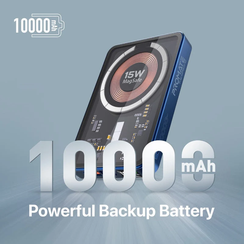 Promate Transpack-10 10000MAH Transparent Super Charge Magsafe 15W Wireless Charging Power Bank (Black, Blue)
