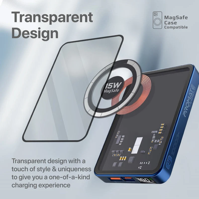 Promate Transpack-10 10000MAH Transparent Super Charge Magsafe 15W Wireless Charging Power Bank (Black, Blue)