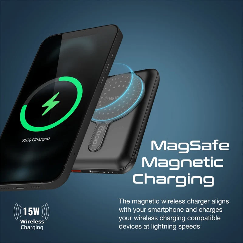 Promate Powermag-10Pro 10000MAH Super Charge Magsafe 15W Wireless Charging Power Bank (Black, Blue)