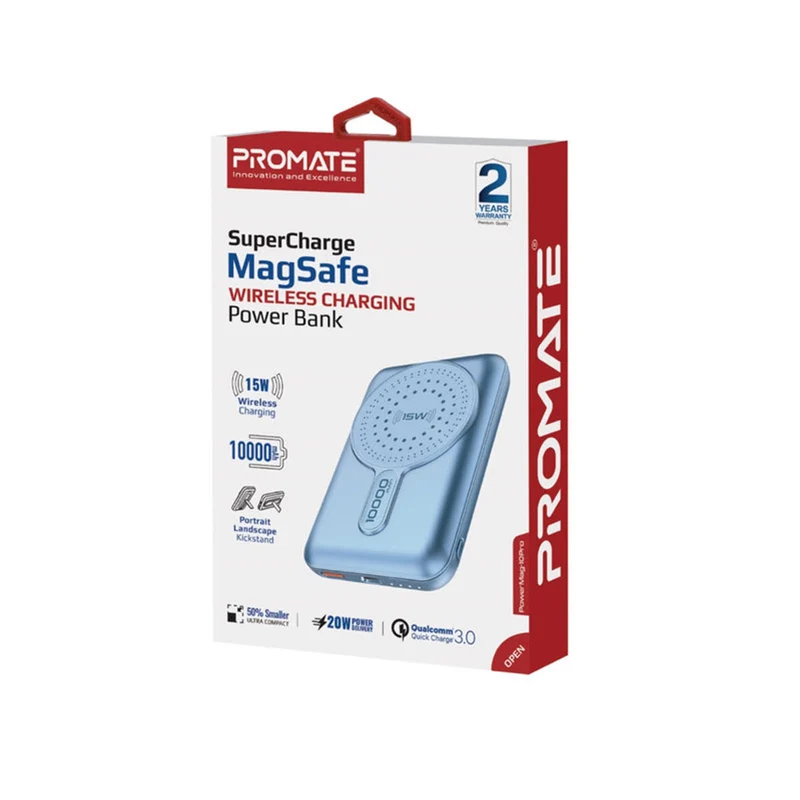 Promate Powermag-10Pro 10000MAH Super Charge Magsafe 15W Wireless Charging Power Bank (Black, Blue)
