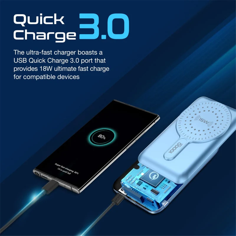 Promate Powermag-10Pro 10000MAH Super Charge Magsafe 15W Wireless Charging Power Bank (Black, Blue)