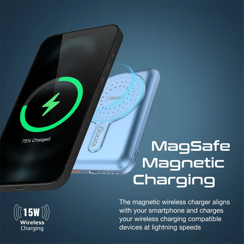 Promate Powermag-10Pro 10000MAH Super Charge Magsafe 15W Wireless Charging Power Bank (Black, Blue)