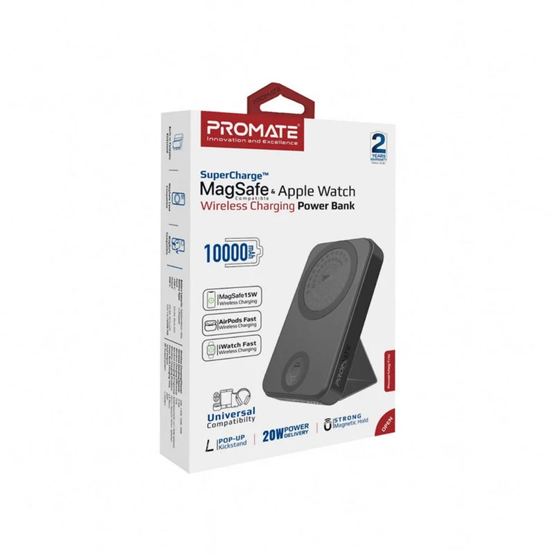 Promate Powermag-Trio 10000MAH Supercharge Magsafe Compatible And Apple Watch Wireless Charging Power Bank (Black, White)