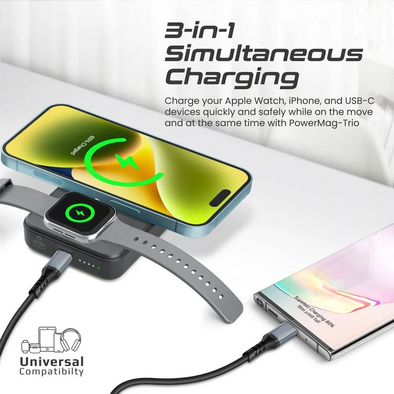 Promate Powermag-Trio 10000MAH Supercharge Magsafe Compatible And Apple Watch Wireless Charging Power Bank (Black, White)