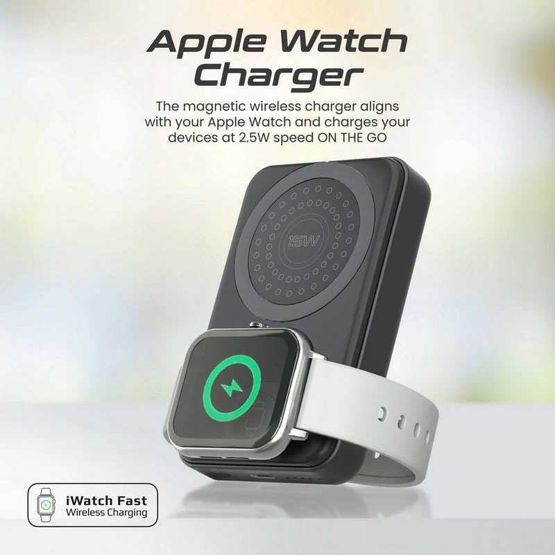 Promate Powermag-Trio 10000MAH Supercharge Magsafe Compatible And Apple Watch Wireless Charging Power Bank (Black, White)