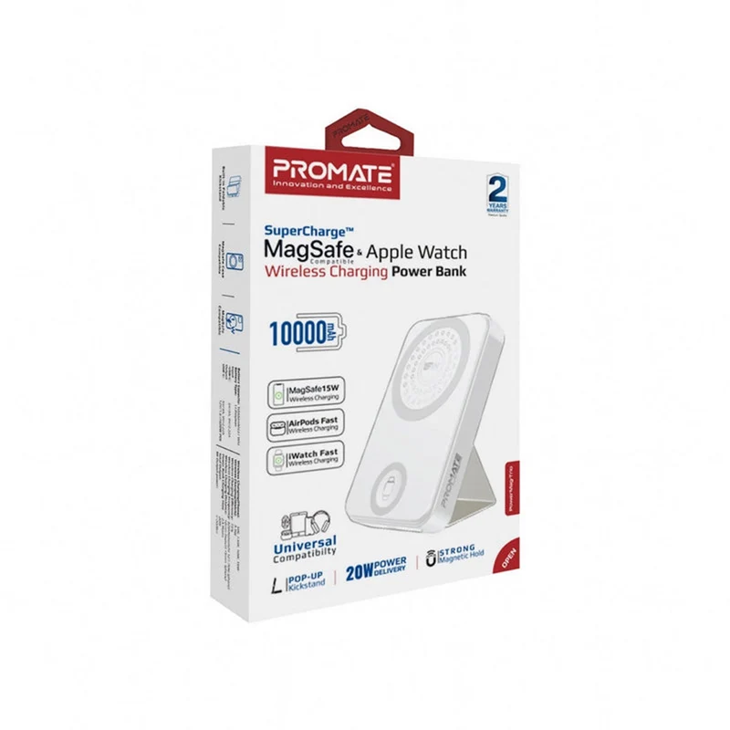 Promate Powermag-Trio 10000MAH Supercharge Magsafe Compatible And Apple Watch Wireless Charging Power Bank (Black, White)