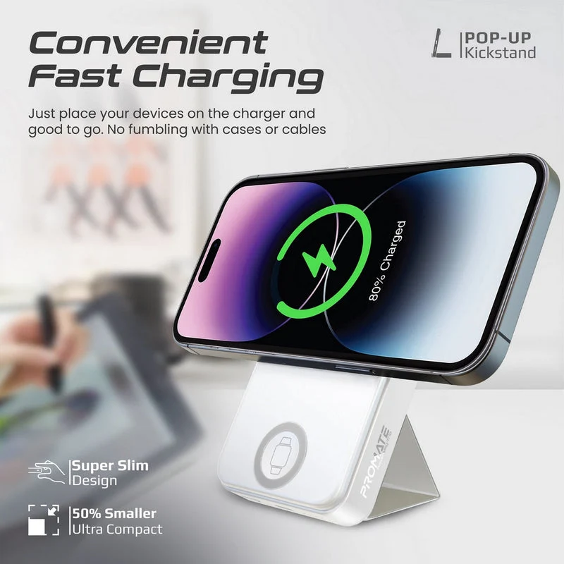 Promate Powermag-Trio 10000MAH Supercharge Magsafe Compatible And Apple Watch Wireless Charging Power Bank (Black, White)