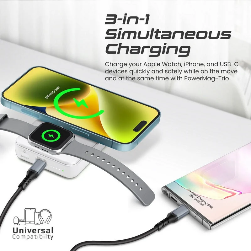 Promate Powermag-Trio 10000MAH Supercharge Magsafe Compatible And Apple Watch Wireless Charging Power Bank (Black, White)