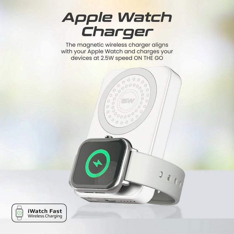 Promate Powermag-Trio 10000MAH Supercharge Magsafe Compatible And Apple Watch Wireless Charging Power Bank (Black, White)
