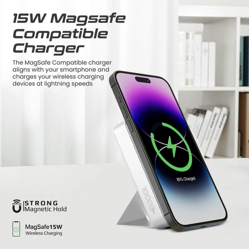 Promate Powermag-Trio 10000MAH Supercharge Magsafe Compatible And Apple Watch Wireless Charging Power Bank (Black, White)