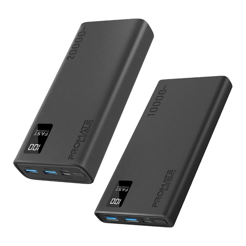 Promate Dual USB-A USB-C Output Smart Super Charging Super Slim Power Bank Black (10000MAH, 20000MAH)