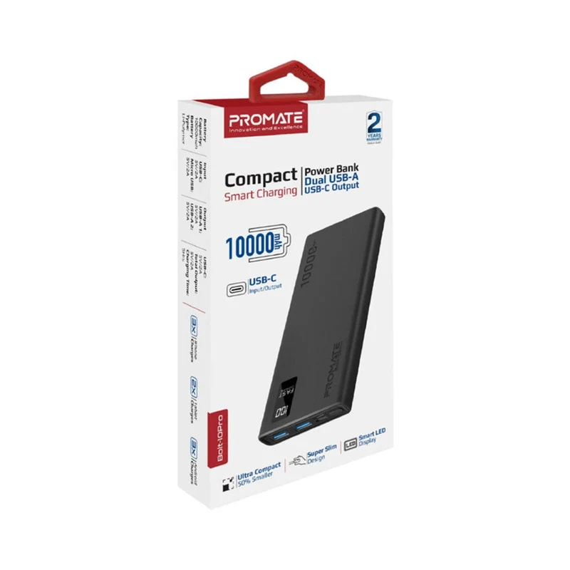Promate Dual USB-A USB-C Output Smart Super Charging Super Slim Power Bank Black (10000MAH, 20000MAH)
