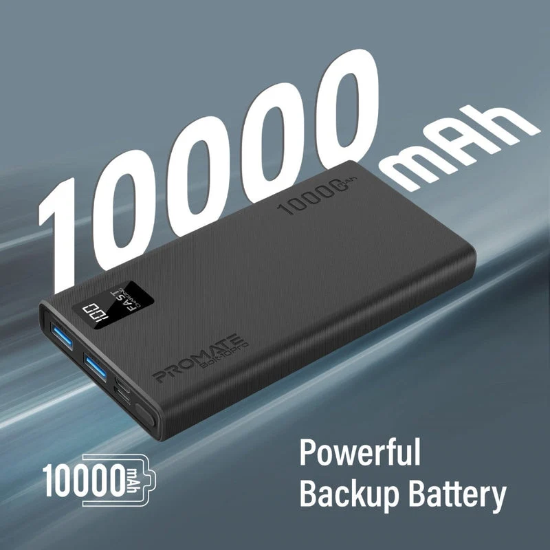 Promate Dual USB-A USB-C Output Smart Super Charging Super Slim Power Bank Black (10000MAH, 20000MAH)