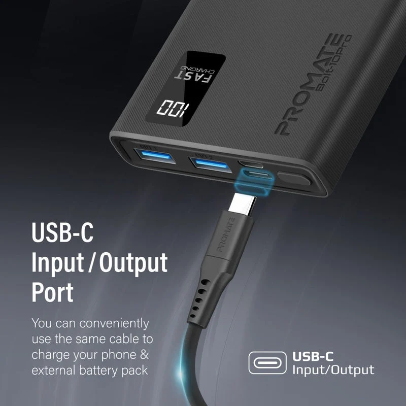 Promate Dual USB-A USB-C Output Smart Super Charging Super Slim Power Bank Black (10000MAH, 20000MAH)