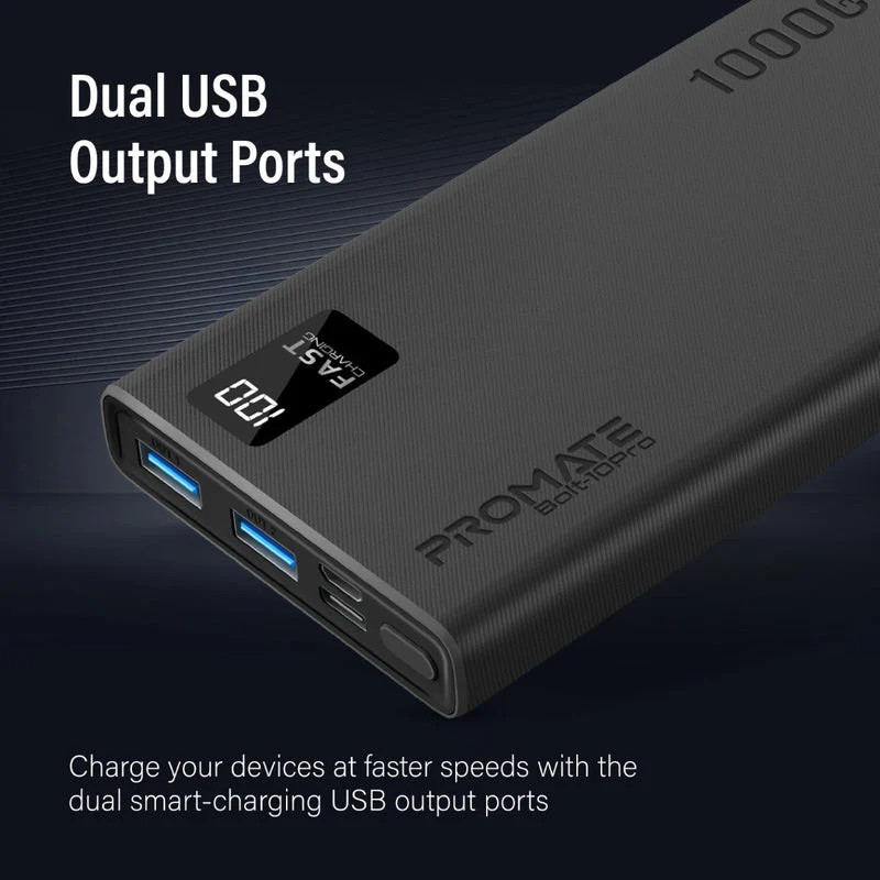 Promate Dual USB-A USB-C Output Smart Super Charging Super Slim Power Bank Black (10000MAH, 20000MAH)