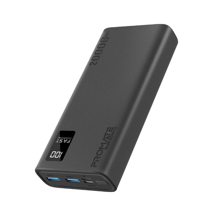 Promate Dual USB-A USB-C Output Smart Super Charging Super Slim Power Bank Black (10000MAH, 20000MAH)