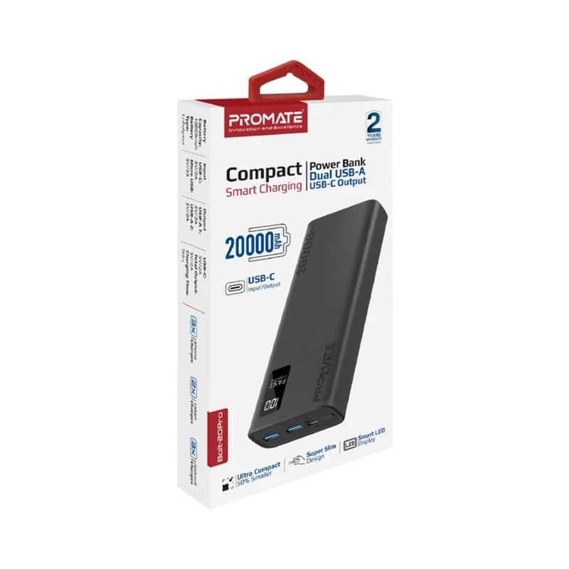 Promate Dual USB-A USB-C Output Smart Super Charging Super Slim Power Bank Black (10000MAH, 20000MAH)