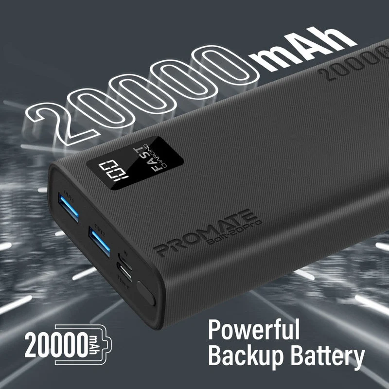 Promate Dual USB-A USB-C Output Smart Super Charging Super Slim Power Bank Black (10000MAH, 20000MAH)