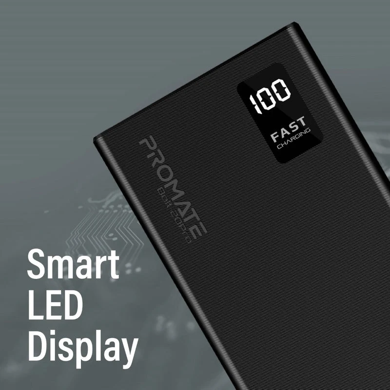 Promate Dual USB-A USB-C Output Smart Super Charging Super Slim Power Bank Black (10000MAH, 20000MAH)