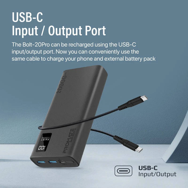 Promate Dual USB-A USB-C Output Smart Super Charging Super Slim Power Bank Black (10000MAH, 20000MAH)