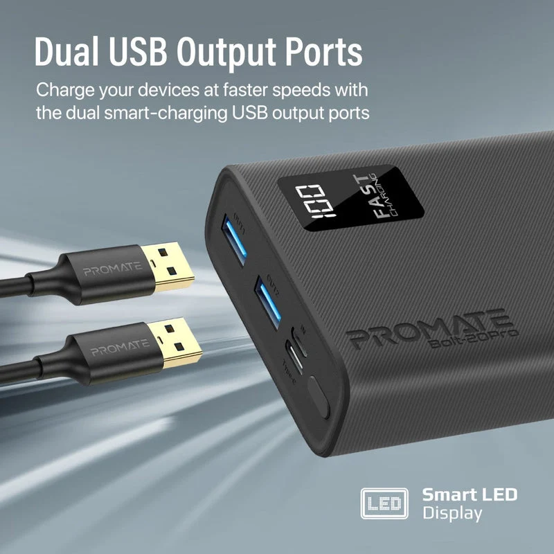Promate Dual USB-A USB-C Output Smart Super Charging Super Slim Power Bank Black (10000MAH, 20000MAH)