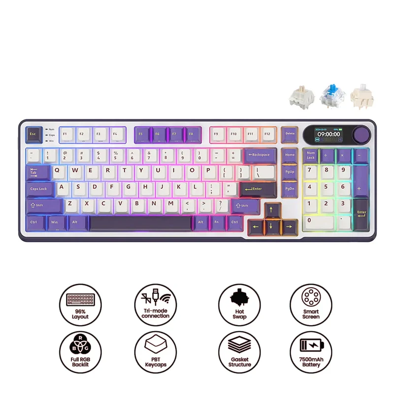 Royal Kludge RK-S98 Tri-Mode RGB 98 Keys Hot Swappable Mechanical Keyboard Blackberry Mousse (Chartreuse Switch, Blue Switch, Beige Switch)