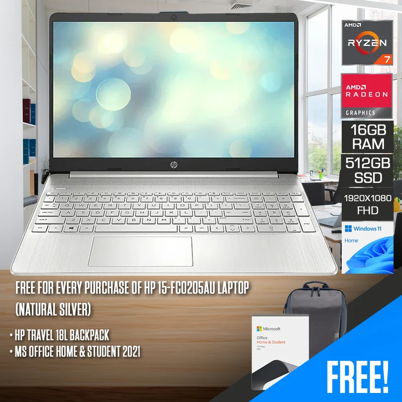 HP 15-FC0205AU Laptop (Natural Silver) | 15.6" FHD (1920x1080) | R7-7730U | 16GB RAM | 512GB SSD | AMD Radeon Graphics | Windows 11 Home | Ms Office Home & Student 2021 + HP Travel 18L Backpack