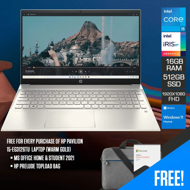 HP Pavilion 15-EG3126TU Laptop (Warm Gold) | 15.6" FHD (1920x1080) | i5-1335U | 16GB RAM | 512GB SSD | Intel Iris Xe | Windows 11 Home | MS Office Home & Student 2021 | HP Prelude Topload Bag