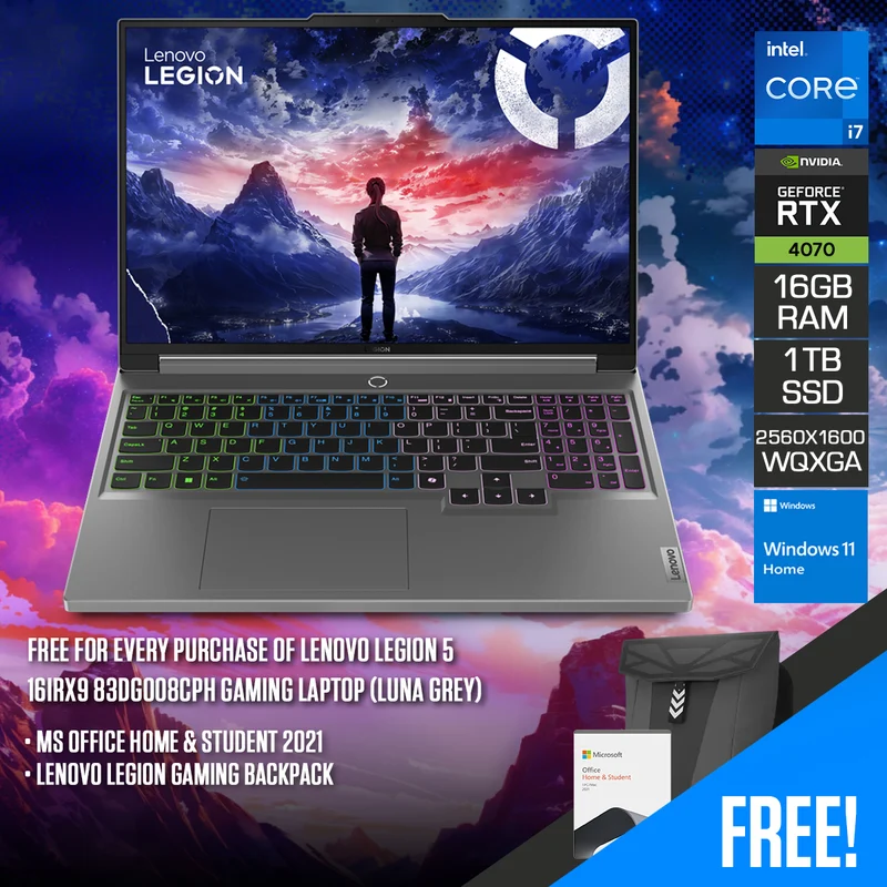 Lenovo Legion 5 16IRX9 83DG008CPH Gaming Laptop (Luna Grey) | 16" WQXGA (2560x1600) IPS 240Hz | i7-14650HX | 2x8GB RAM | 1TB SSD | RTX 4070 | Windows 11 Home | MS Office Home & Student 2021 | Lenovo Legion Gaming Backpack
