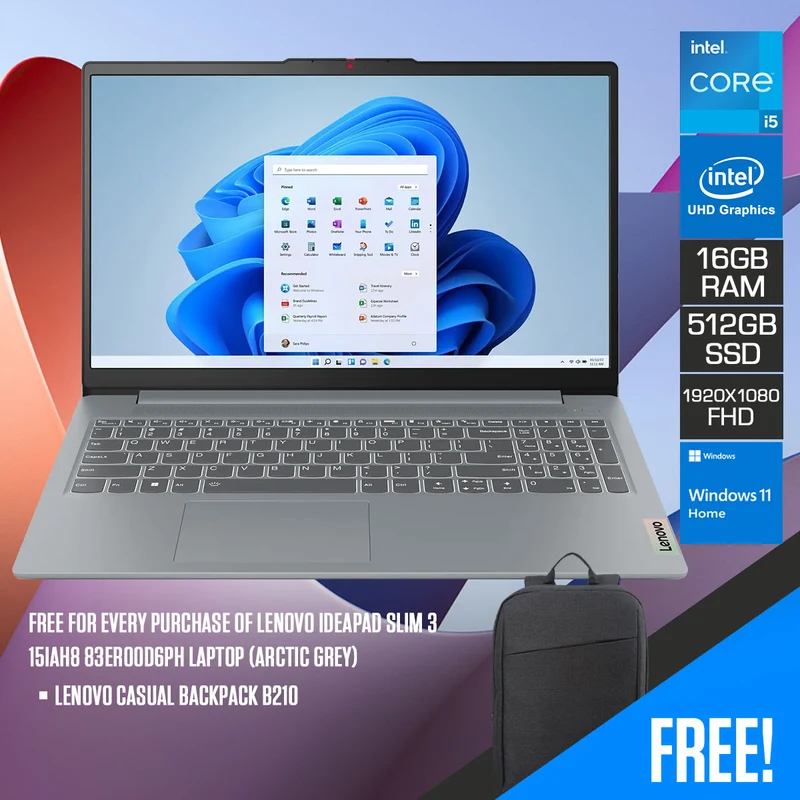 Lenovo IdeaPad Slim 3 15IAH8 83ER00D6PH Laptop (Arctic Grey) | 15.6" FHD (1920x1080) TN | i5-12450H | 16GB RAM | 512GB SSD | Integrated Intel UHD Graphics | Windows 11 Home | Lenovo Casual Backpack B210