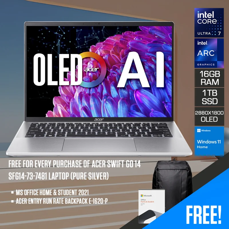 Acer Swift Go 14 SFG14-73-7481 Laptop (Pure Silver) | 14" WQXGA+ (2880x1800) OLED | Ultra 7 155H | 16GB RAM | 1TB SSD | Intel Arc Graphics | Windows 11 Home | MS Office Home & Student 2021 | Acer Entry Run Rate Backpack E-1620-P