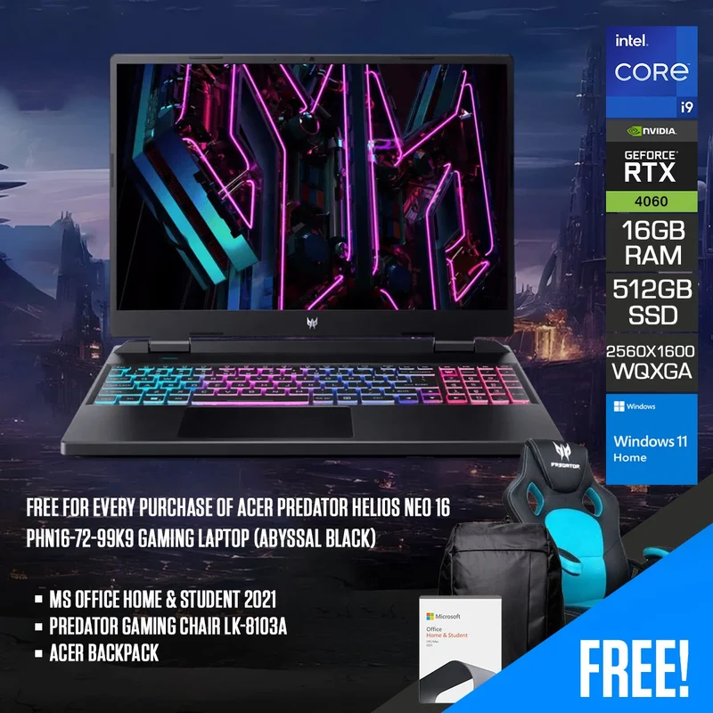 Acer Predator Helios Neo 16 PHN16-72-99K9 Gaming Laptop (Abyssal Black) | 16" WQXGA (2560x1600) IPS 165Hz | i9-14900HX | 16GB RAM | 512GB SSD | RTX 4060 | Windows 11 Home | MS Office Home & Student 2021 | Acer Backpack | Predator Gaming Chair LK-8103A