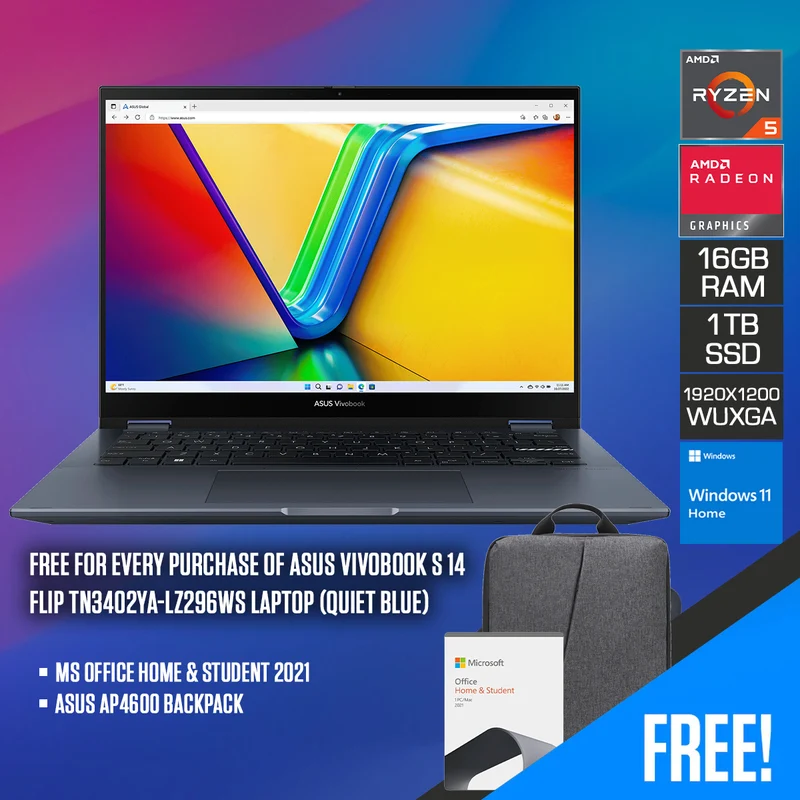 Asus Vivobook S 14 Flip TN3402YA-LZ296WS Laptop (Quiet Blue) | 14" WUXGA (1920X1200) | Ryzen 5-7430U | 16GB RAM | 1TB SSD | AMD Radeon Graphics | Windows 11 Home | MS Office Home & Student 2021 | Asus AP4600 Backpack