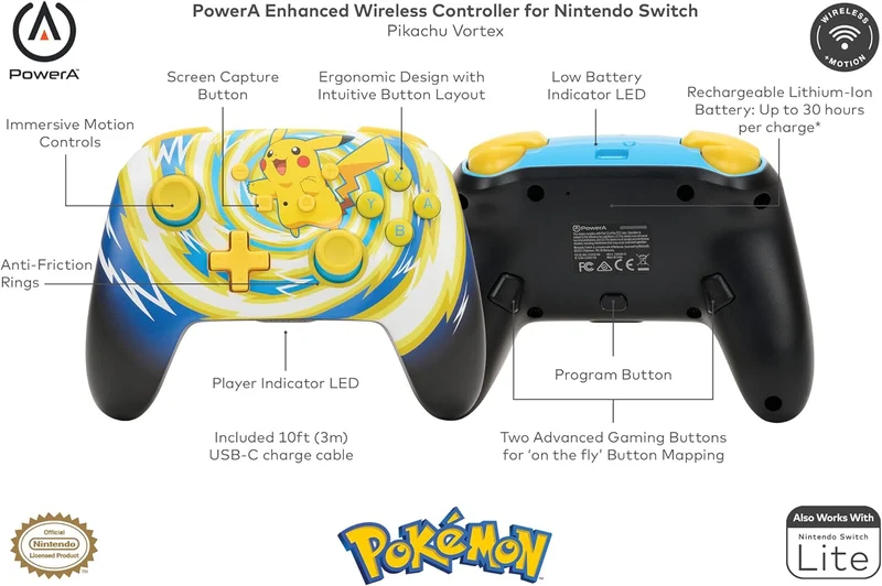 Power A NSW Enhanced Wireless Controller Pikachu Vortex For Nintendo Switch (1523595-01)