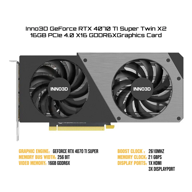 INNO3D GeForce RTX 4070 Ti Super Twin X2 16GB PCIe 4.0 X16 GDDR6X Graphics Card (N407TS2-166X-186156N)