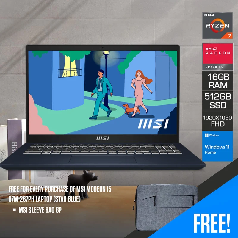 MSI Modern 15 B7M-267PH Laptop (Star Blue) | 15.6" FHD (1920x1080) IPS | Ryzen 7 7730U | 16GB RAM | 512GB SSD | RX Vega | Windows 11 | MSI Sleeve Bag GP